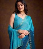 Women'S Blue Chiffon Swarovski Saree With Unstitched Blouse Piece