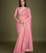 Kimisha women's pink shimmer net mirror work saree with unstitched blouse piece
