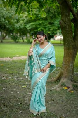Sky raw silk zari weaving saree festive wear 3