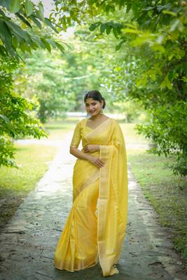 Yellow raw silk zari weaving saree festive wear 1