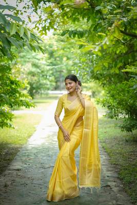 Yellow raw silk zari weaving saree festive wear 3