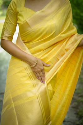 Yellow raw silk zari weaving saree festive wear 4