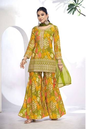 Olive green embroidered chinnon free size stitched straight sharara suit