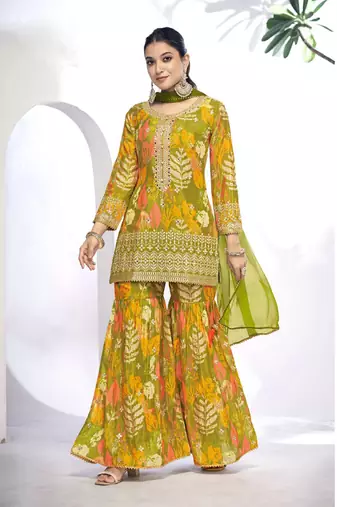 Olive green embroidered chinnon free size stitched straight sharara suit