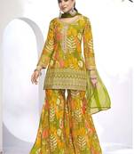 Olive green embroidered chinnon free size stitched straight sharara suit