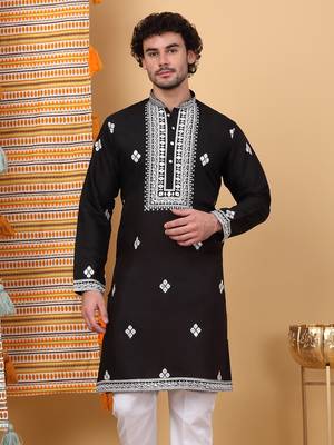 Men black cotton silk ethnic motifs embroidered kurta 1