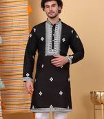 Men black cotton silk ethnic motifs embroidered kurta