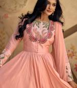 Pink embroidered silk free size stitched anarkali palazzo pant suit