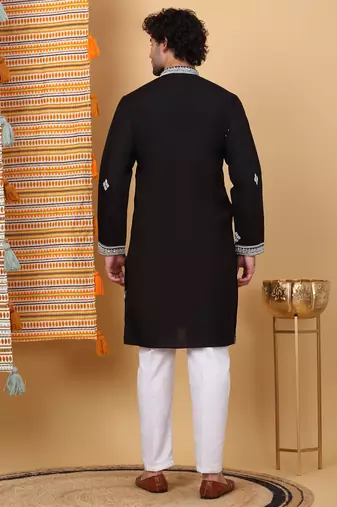 Men black cotton silk ethnic motifs embroidered kurta