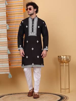 Men black cotton silk ethnic motifs embroidered kurta 4