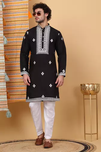 Men black cotton silk ethnic motifs embroidered kurta
