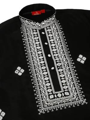 Men black cotton silk ethnic motifs embroidered kurta 5