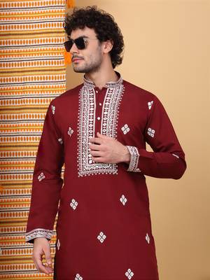 Men maroon cotton silk ethnic motifs embroidered kurta 1