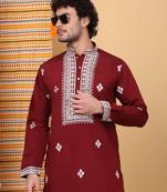Men maroon cotton silk ethnic motifs embroidered kurta