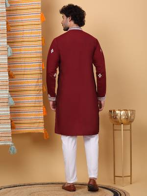 Men maroon cotton silk ethnic motifs embroidered kurta 3