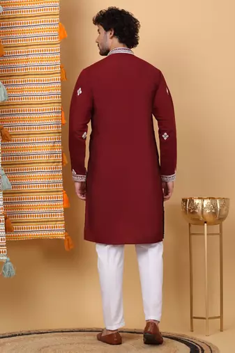 Men maroon cotton silk ethnic motifs embroidered kurta