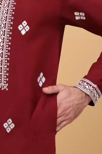 Men maroon cotton silk ethnic motifs embroidered kurta