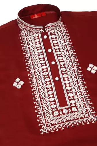 Men maroon cotton silk ethnic motifs embroidered kurta