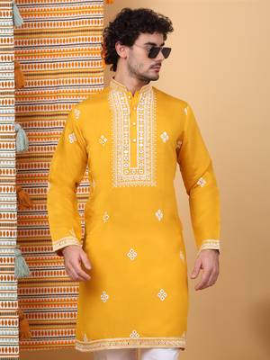 men yellow cotton silk ethnic motifs embroidered kurta 1