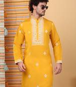 men yellow cotton silk ethnic motifs embroidered kurta