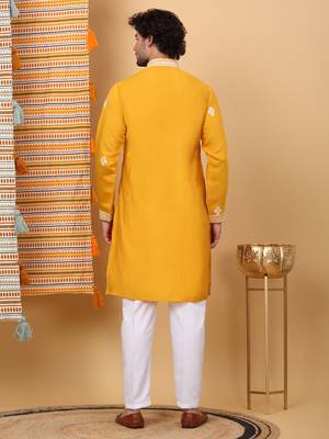 men yellow cotton silk ethnic motifs embroidered kurta 3