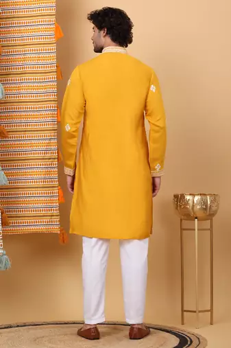 men yellow cotton silk ethnic motifs embroidered kurta