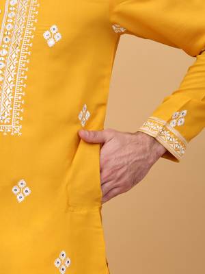 men yellow cotton silk ethnic motifs embroidered kurta 4