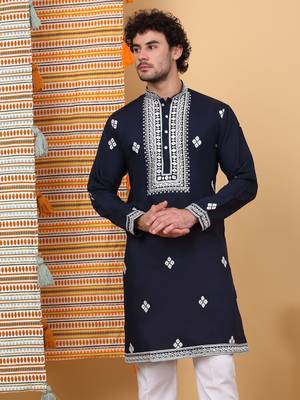 Men navy blue cotton silk ethnic motifs embroidered kurta 1