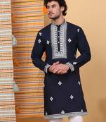Men navy blue cotton silk ethnic motifs embroidered kurta