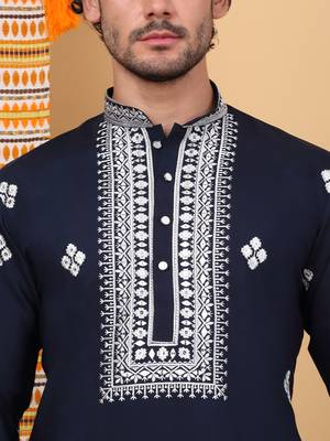 Men navy blue cotton silk ethnic motifs embroidered kurta 2