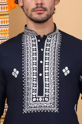 Men navy blue cotton silk ethnic motifs embroidered kurta