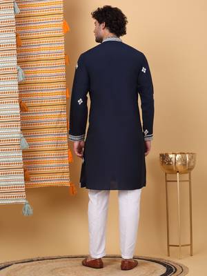Men navy blue cotton silk ethnic motifs embroidered kurta 3