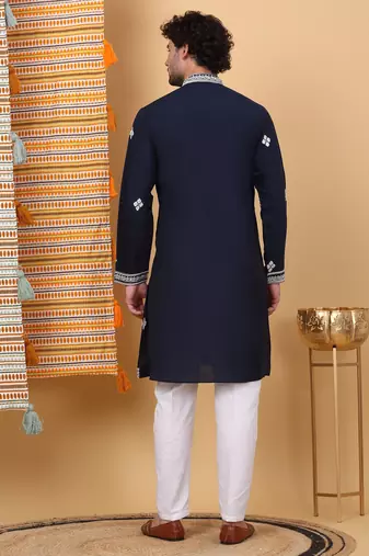 Men navy blue cotton silk ethnic motifs embroidered kurta