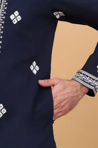 Men navy blue cotton silk ethnic motifs embroidered kurta