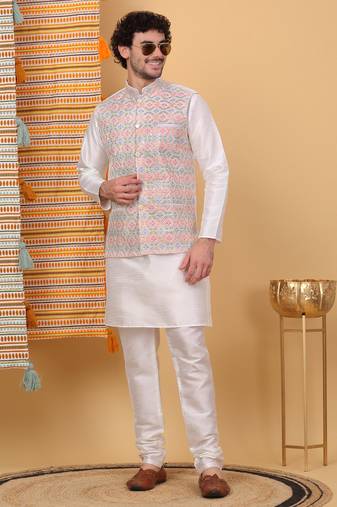 Silk blend cream kurta and churidar with embroidered cream nehru jacket