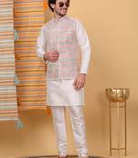 Silk blend cream kurta and churidar with embroidered cream nehru jacket