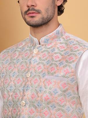 Silk blend cream kurta and churidar with embroidered cream nehru jacket 2