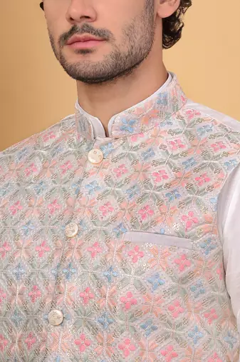 Silk blend cream kurta and churidar with embroidered cream nehru jacket