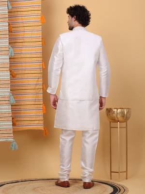 Silk blend cream kurta and churidar with embroidered cream nehru jacket 3
