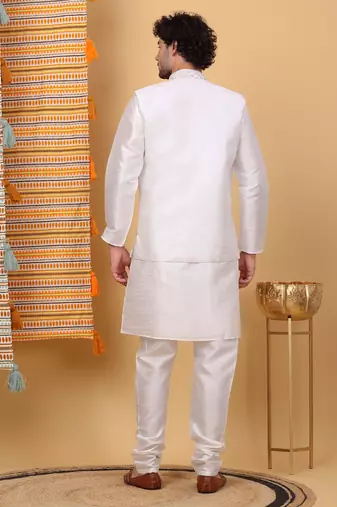 Silk blend cream kurta and churidar with embroidered cream nehru jacket