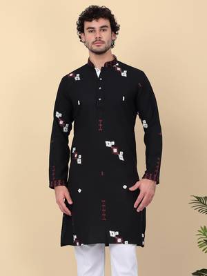 Men black ethnic motifs embroidered linen kurta 1