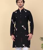 Men black ethnic motifs embroidered linen kurta
