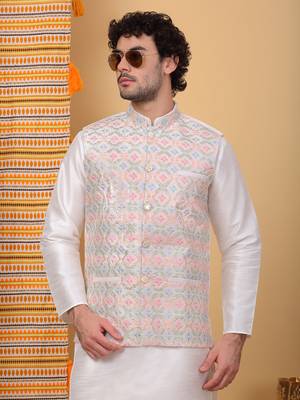 Silk blend cream kurta and churidar with embroidered cream nehru jacket 4