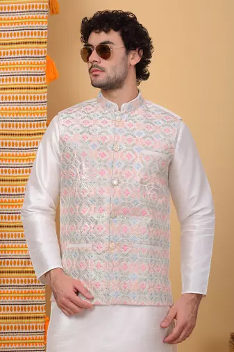 Silk blend cream kurta and churidar with embroidered cream nehru jacket