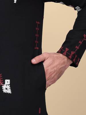 Men black ethnic motifs embroidered linen kurta 4