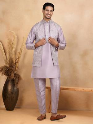 Cotton silk embroidered mauve kurta and trouser with floral embroidered mauve nehru jacket 1