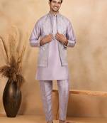 Cotton silk embroidered mauve kurta and trouser with floral embroidered mauve nehru jacket