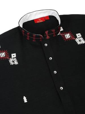 Men black ethnic motifs embroidered linen kurta 5