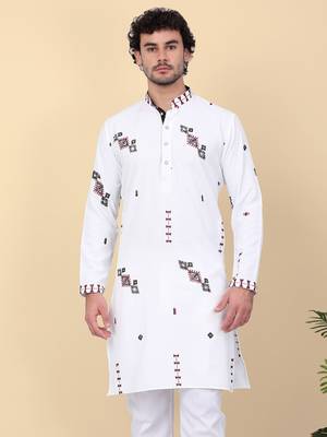 Men white ethnic motifs embroidered linen kurta 1