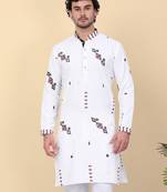 Men white ethnic motifs embroidered linen kurta